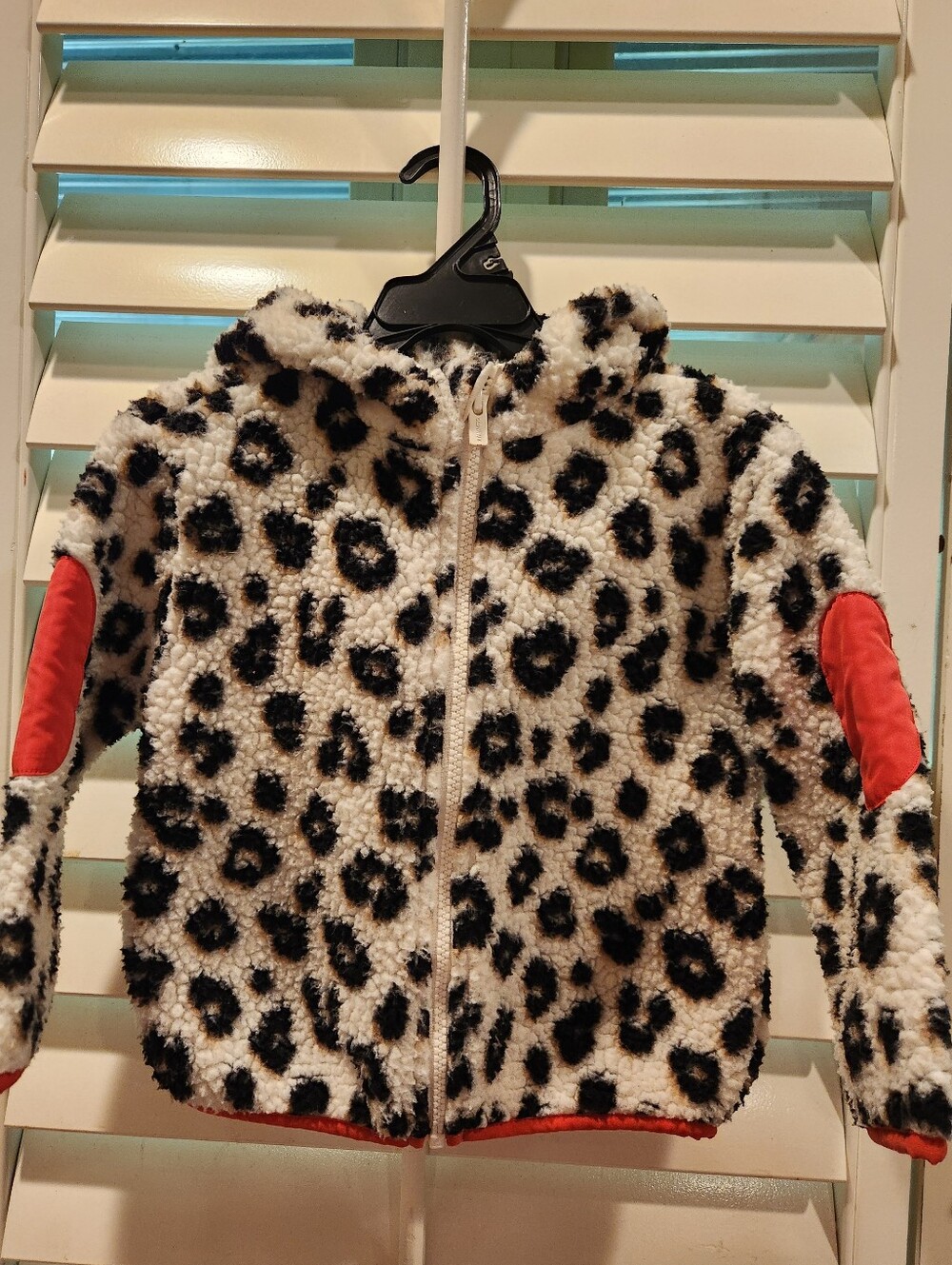 Girl's Leopard Print Sherpa Jacket with Red Elbow Patches, Size 3T
